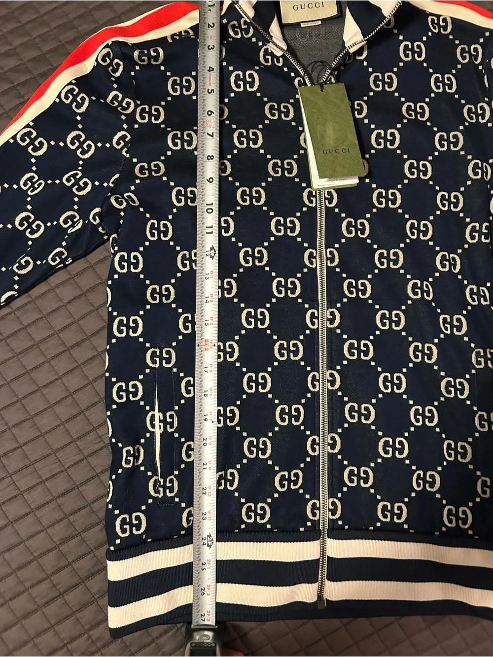Gucci Navy GG Monogram Bomber Jacket with Red & White Stripes